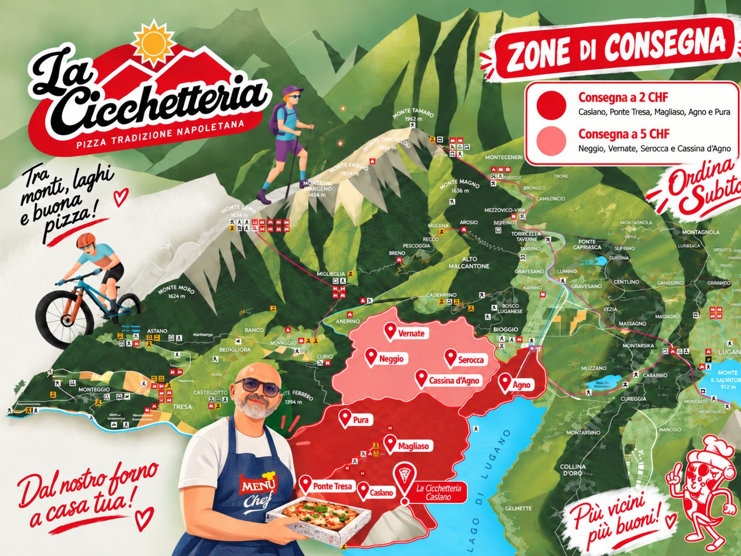 Mappa illustrata delle zone di consegna nel Malcantone: 2 CHF per Caslano, Ponte Tresa, Magliaso, Agno e Pura; 5 CHF per Neggio, Vernate, Serocca e Cassina d'Agno